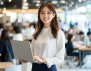 グッドサインをした紺色のシャツを着た男性